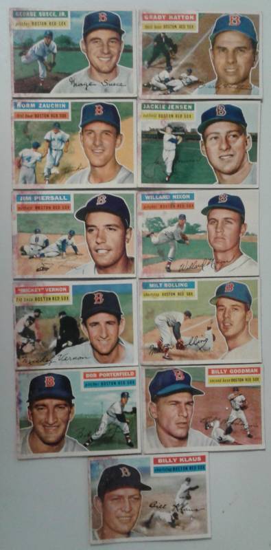 lot 1011T image: Original Lot of Eleven 1956 Topps Baseball Cards All Boston Red Sox Nice Corner & Edges & ColorSome Staining