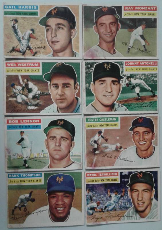 lot 1011U image: Original Lot of Fifteen 1956 Topps Baseball Cards All New York Giants Nice Corner & Edges & ColorSome Staining