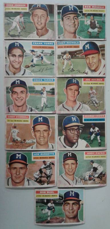 lot 1011V image: Original Lot of Eleven 1956 Topps Baseball Cards All Milwaukee Braves Nice Corner & Edges & ColorSome Staining