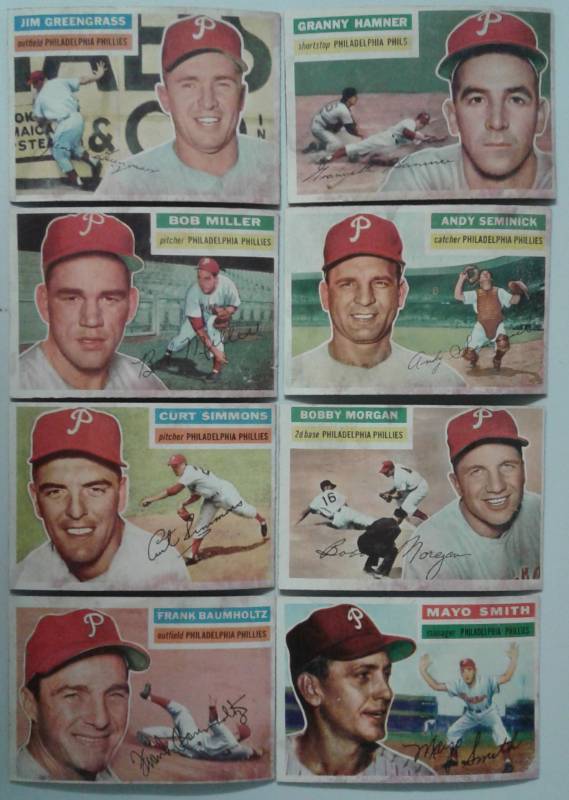 lot 1011W image: Original Lot of Eight 1956 Topps Baseball Cards All Philadelphia Phillies Nice Corner & Edges & ColorSome Staining