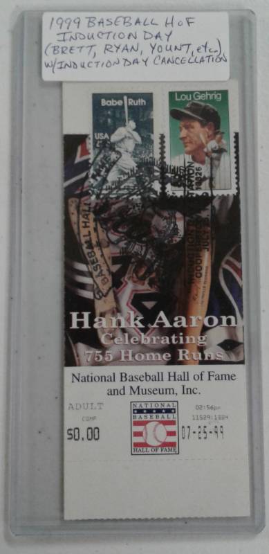 lot 1049 image: 1999 National Baseball Hall of Fame Induction Ceremony Original Ticket from George Brett, Nolan Ryan, and Robin Younts Induction with Postmarked from Cooperstown Babe Ruth & Lou Gehrig Stamps