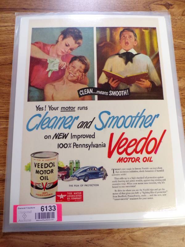 lot 6133 image: VINTAGE OIL COMPANY ADS - VEEDOL AND QUAKER STATE - LAMINATED