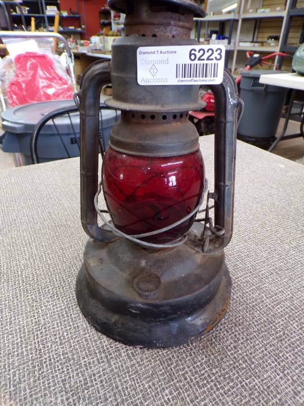 lot 6223 image: DEITZ LANTERN - RED GLOBE - REPAIRED