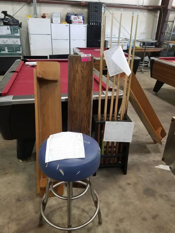 lot 4273 image: 3 Wood Shelves, Bar Stool and Pool Cues
