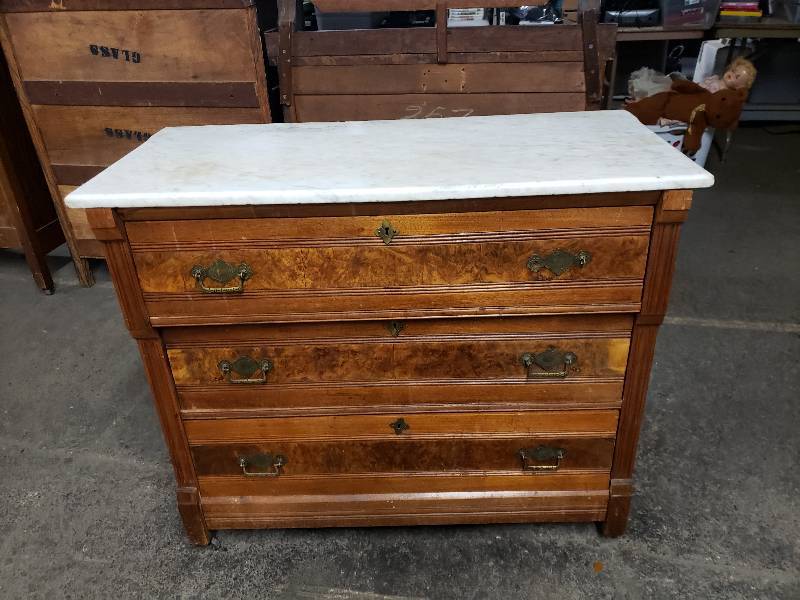 lot 10320 image: Antique 3 Drawer Dresser with Marble Top
