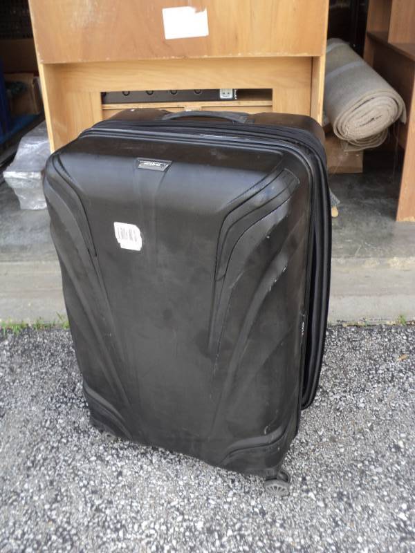 lot 7753 image: Samsonite Suitcase, rollers, telescoping handle, black, 30 x 20 x 13, used, damage to bottom- pictured