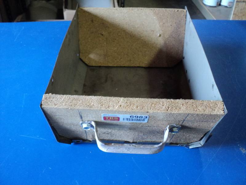 lot 6983 image: Handmade wooden and metal hardware bin 12 x 9-58 x 5-12