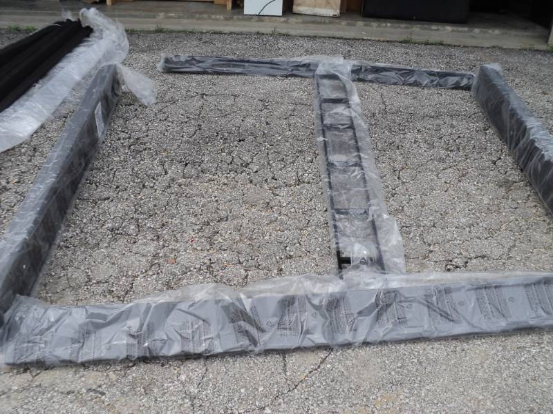 lot 7792 image: Gray fabric covered bed frame, FullQueen Size includes fabric covered rails, metal center rail, fabric covered slats