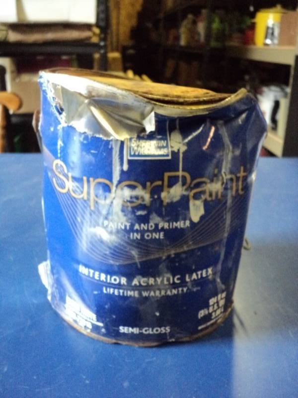 lot 7813 image: (1) gallon Sherwin Williams Super Paint Interior Acrylic Latex, Extra White, damaged Can