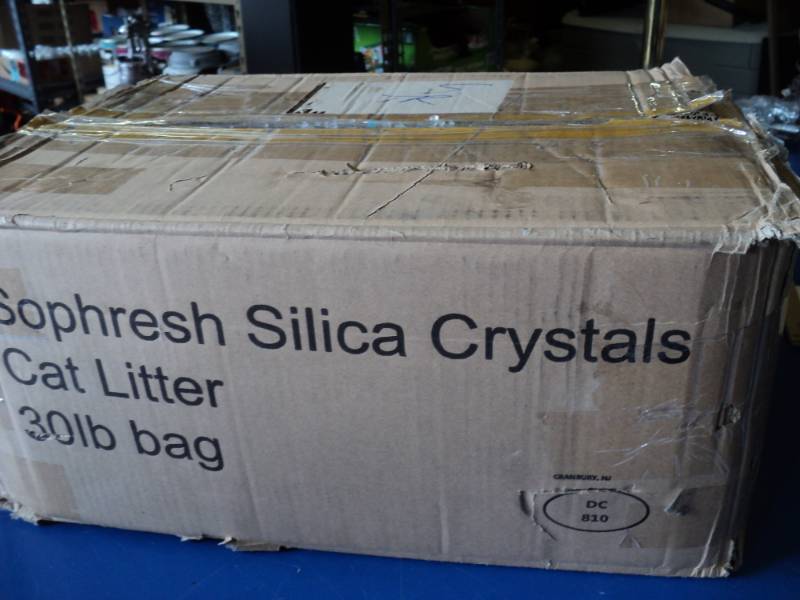 lot 7875 image: (1) box Sophresh Silica Crystals Cat litter 30 lbs bag, bag is open in the box