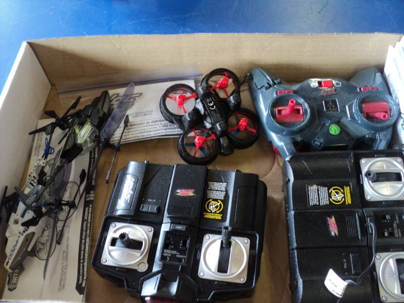 lot 7905 image: (3) ct mixed lot Air hogs RC Helicopters, drone w controllers, used, untested