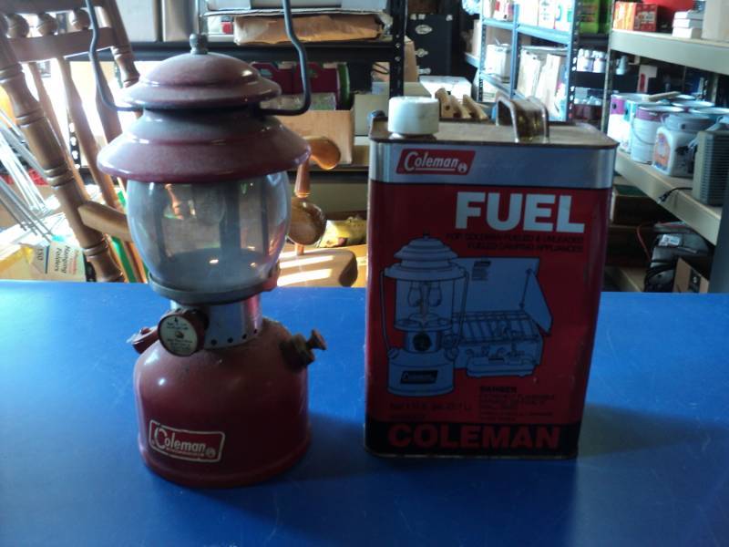 lot 7930 image: Vintage Coleman Lantern and 12 gallon Coleman Camping Fuel (white gas)