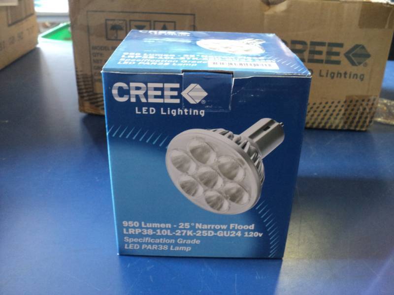 lot 7940 image: (1) Cree LED lighting bulb, 950 Lumen 25 degree Narrow Flood LRP38-101-27K-25D-GU24, 120 Volt