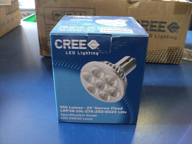 lot 7941 image: (1) Cree LED lighting bulb, 950 Lumen 25 degree Narrow Flood LRP38-101-27K-25D-GU24, 120 Volt