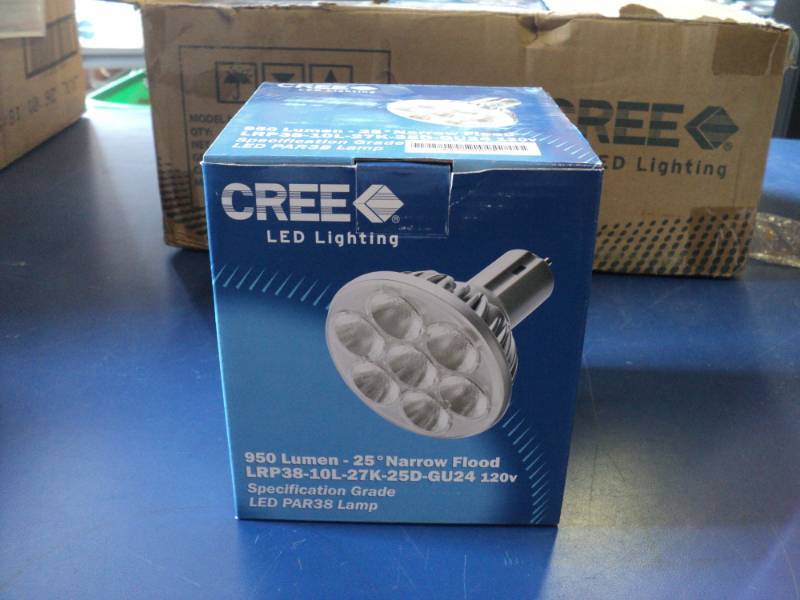 lot 7942 image: (1) Cree LED lighting bulb, 950 Lumen 25 degree Narrow Flood LRP38-101-27K-25D-GU24, 120 Volt