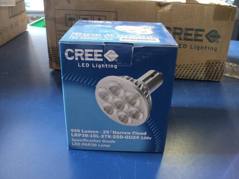 lot 7943 image: (1) Cree LED lighting bulb, 950 Lumen 25 degree Narrow Flood LRP38-101-27K-25D-GU24, 120 Volt