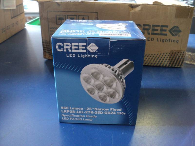 lot 7944 image: (1) Cree LED lighting bulb, 950 Lumen 25 degree Narrow Flood LRP38-101-27K-25D-GU24, 120 Volt
