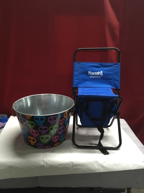 lot 3677 image: Metal Skulls Ice Bucket and Folding Camping Chair