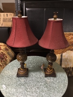 lot 3617 image: Matching Pair of Lamps with Burgundy Shades