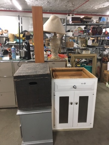 lot 3690 image: Lot of Misc Cabinetry - Cabinet Base, Wicker Box, Silver Nightstand