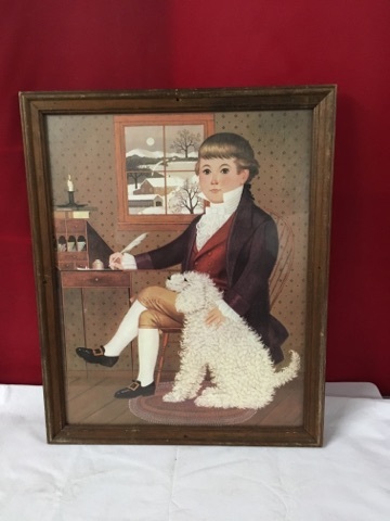 lot 3731 image: Framed Painting of Boy and Dog at Desk in Colonial Attire