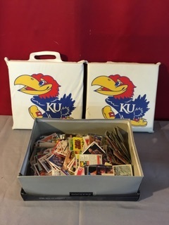 lot 3772 image: KU Seat Cushions and Box of Sports Collector Cards