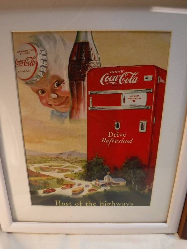 lot 4236 image: 4 different coca cola framed advertisements in each lot.