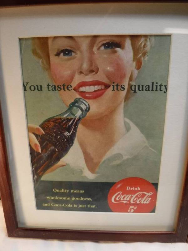 lot 4241 image: 4 different coca cola framed advertisements in each lot.