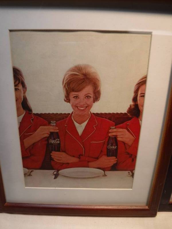 lot 4242 image: 4 different coca cola framed advertisements in each lot.