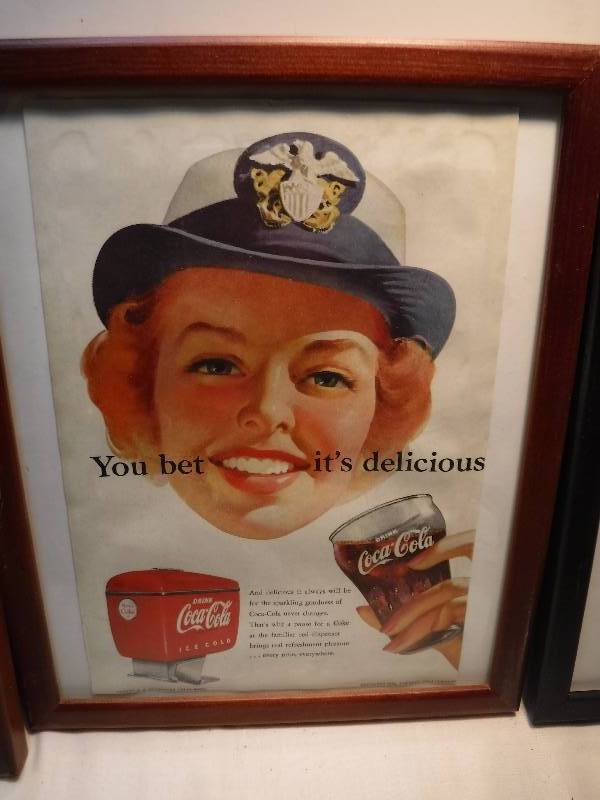 lot 4243 image: 4 different coca cola framed advertisements in each lot.