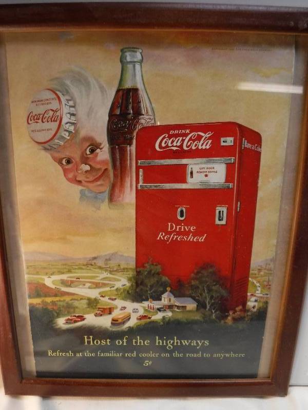 lot 4246 image: 4 different coca cola framed advertisements in each lot.