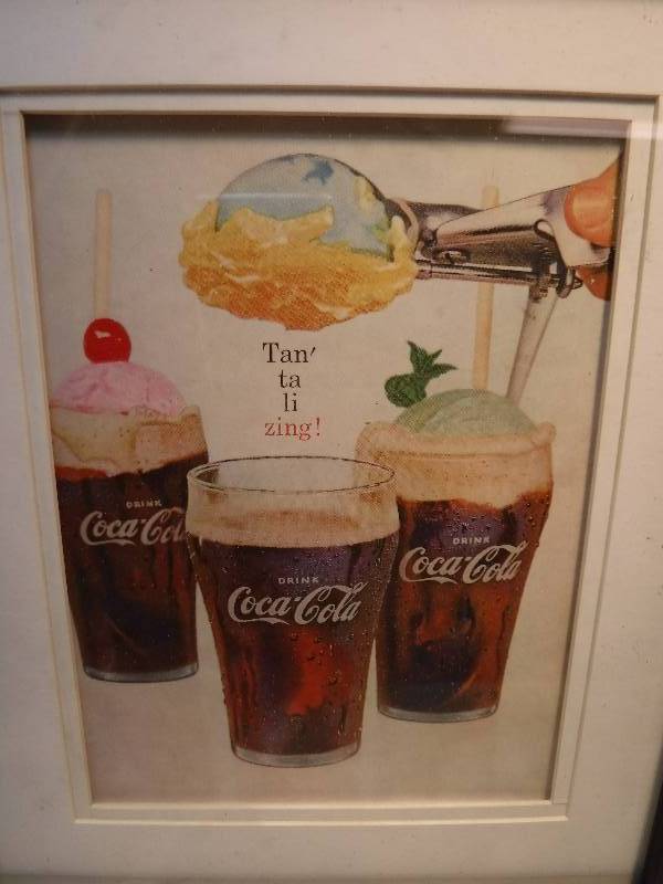 lot 4249 image: 4 different coca cola framed advertisements in each lot.