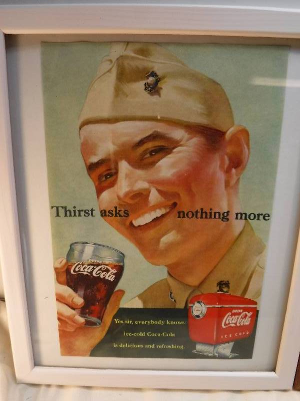 lot 4250 image: 4 different coca cola framed advertisements in each lot.