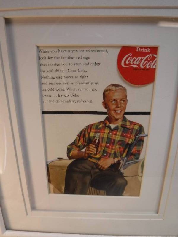 lot 4253 image: 4 different coca cola framed advertisements in each lot.
