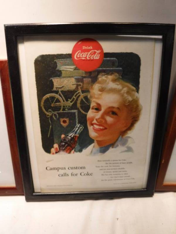 lot 4259 image: 4 different coca cola framed advertisements in each lot.