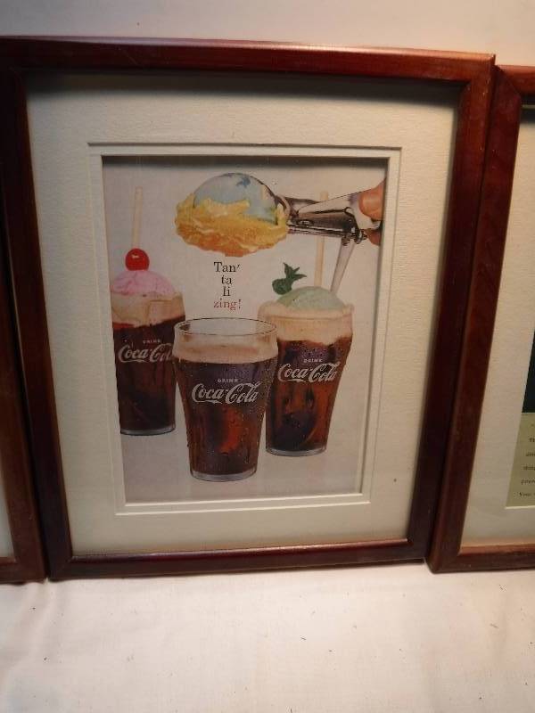 lot 4260 image: 4 different coca cola framed advertisements in each lot.