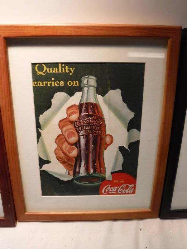 lot 4261 image: 4 different coca cola framed advertisements in each lot.