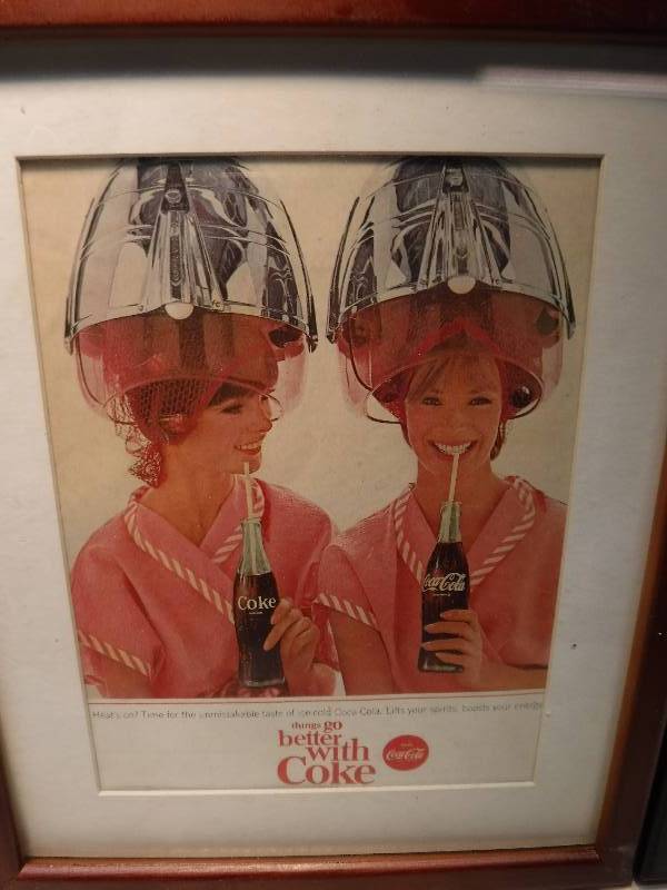 lot 4265 image: 4 different coca cola framed advertisements in each lot.