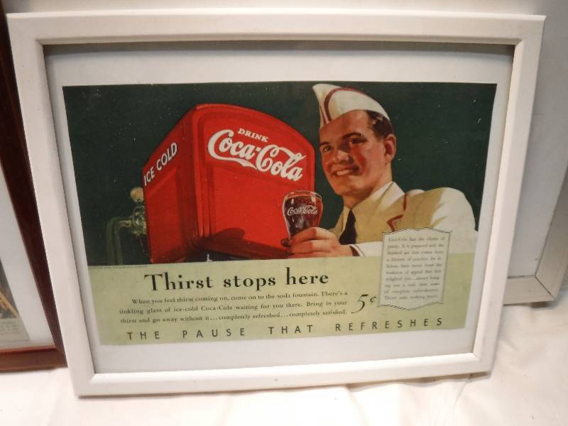 lot 4267 image: 4 different coca cola framed advertisements in each lot.