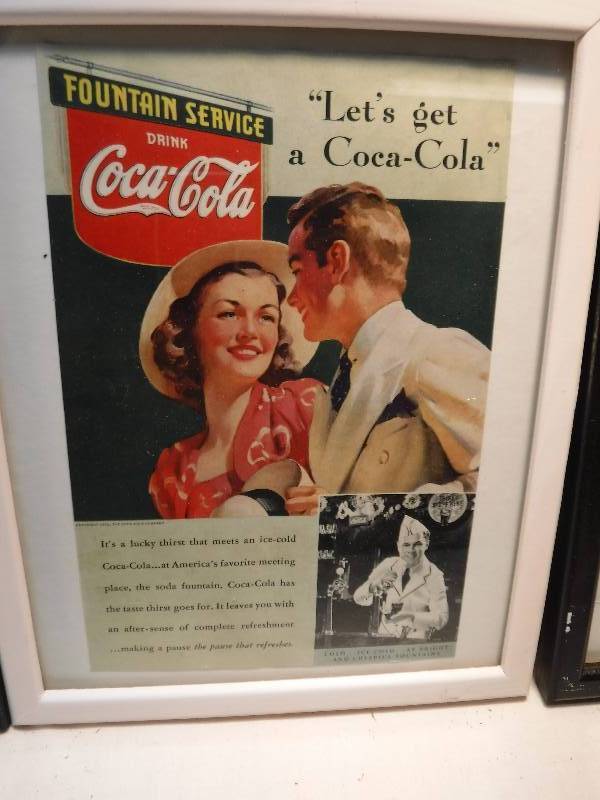 lot 4273 image: 4 different coca cola framed advertisements in each lot.