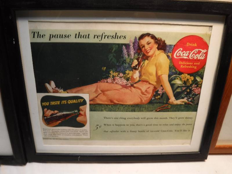 lot 4274 image: 4 different coca cola framed advertisements in each lot.