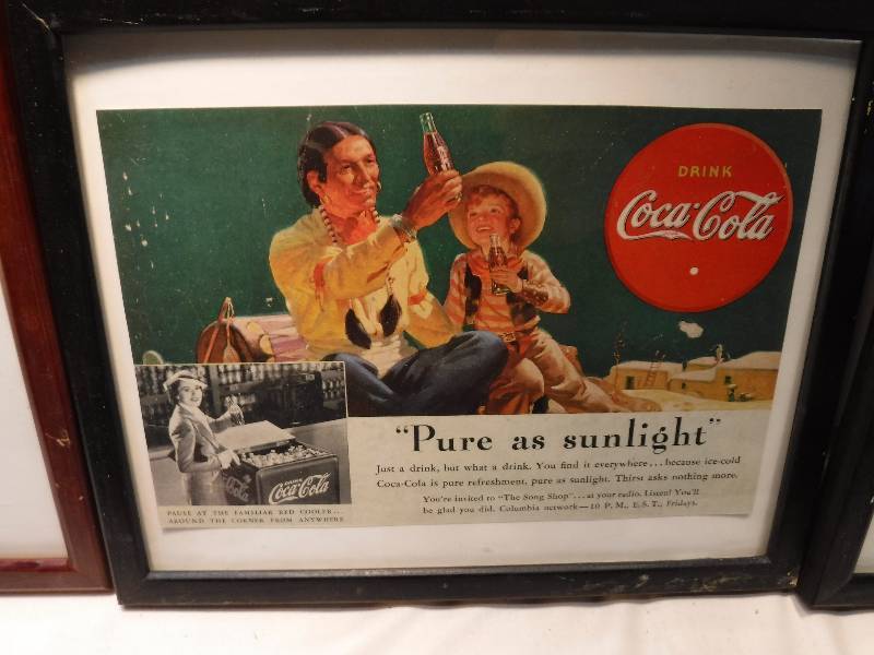 lot 4275 image: 4 different coca cola framed advertisements in each lot.