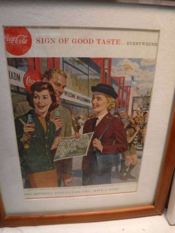 lot 4281 image: 4 different coca cola framed advertisements in each lot.