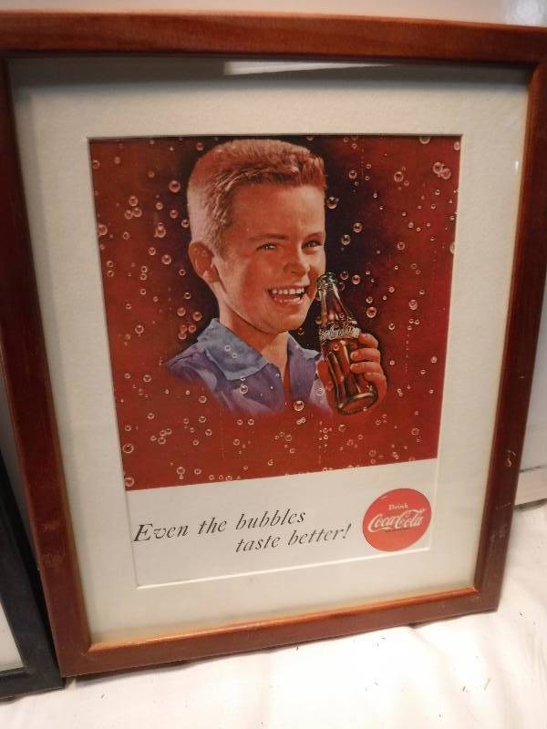 lot 4282 image: 4 different coca cola framed advertisements in each lot.