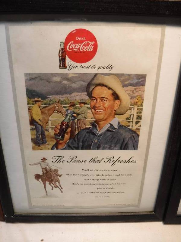 lot 4287 image: 4 different coca cola framed advertisements in each lot.