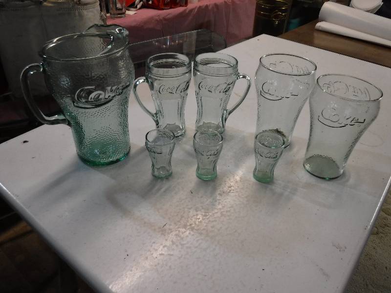 lot 4301 image: green glass coca cola pitcher and glasses