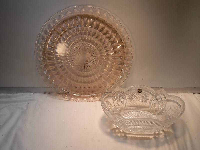 lot 4390 image: Pink glass serving platter and Golden Crown lead glass bowl
