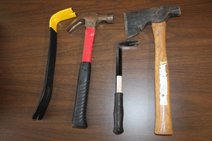 lot 5691 image: Hammer, Flat Bar, Nail Puller and Hatchet