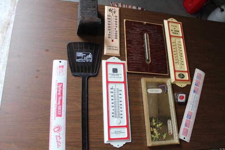 lot 5707 image: Old Advertising Thermometers, Match Holder, Ruler and Flyswatter