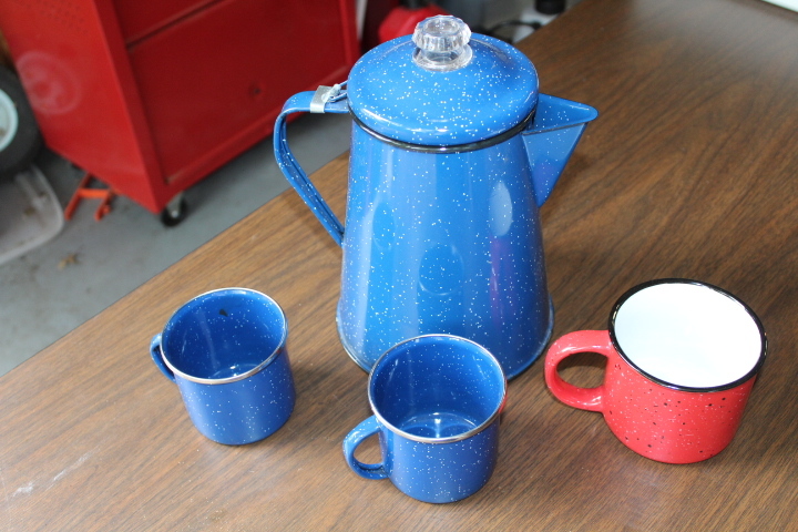 lot 5713 image: Graniteware Coffee Percolator with 2 Cups and Red Ceramic Coffee Cup